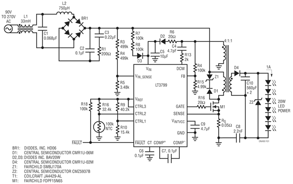 TRIAC dimmable 20 W offline LED driver using the LT3799 TRIAC dimmable 20 W offline LED driver